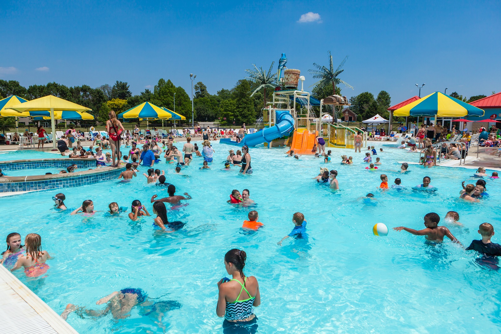 Families and kids splash in the pool at YMCA Louisville's Calypso Cove Families and kids splash in the pool at YMCA Louisville's Calypso Cove
